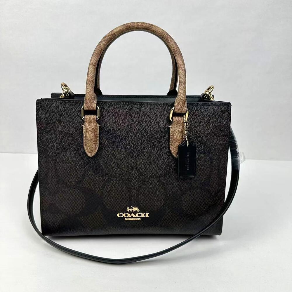 Coach Maggie Small Tote Bag In Blocked Signature Canvas Gold/Walnut/Tan CY676